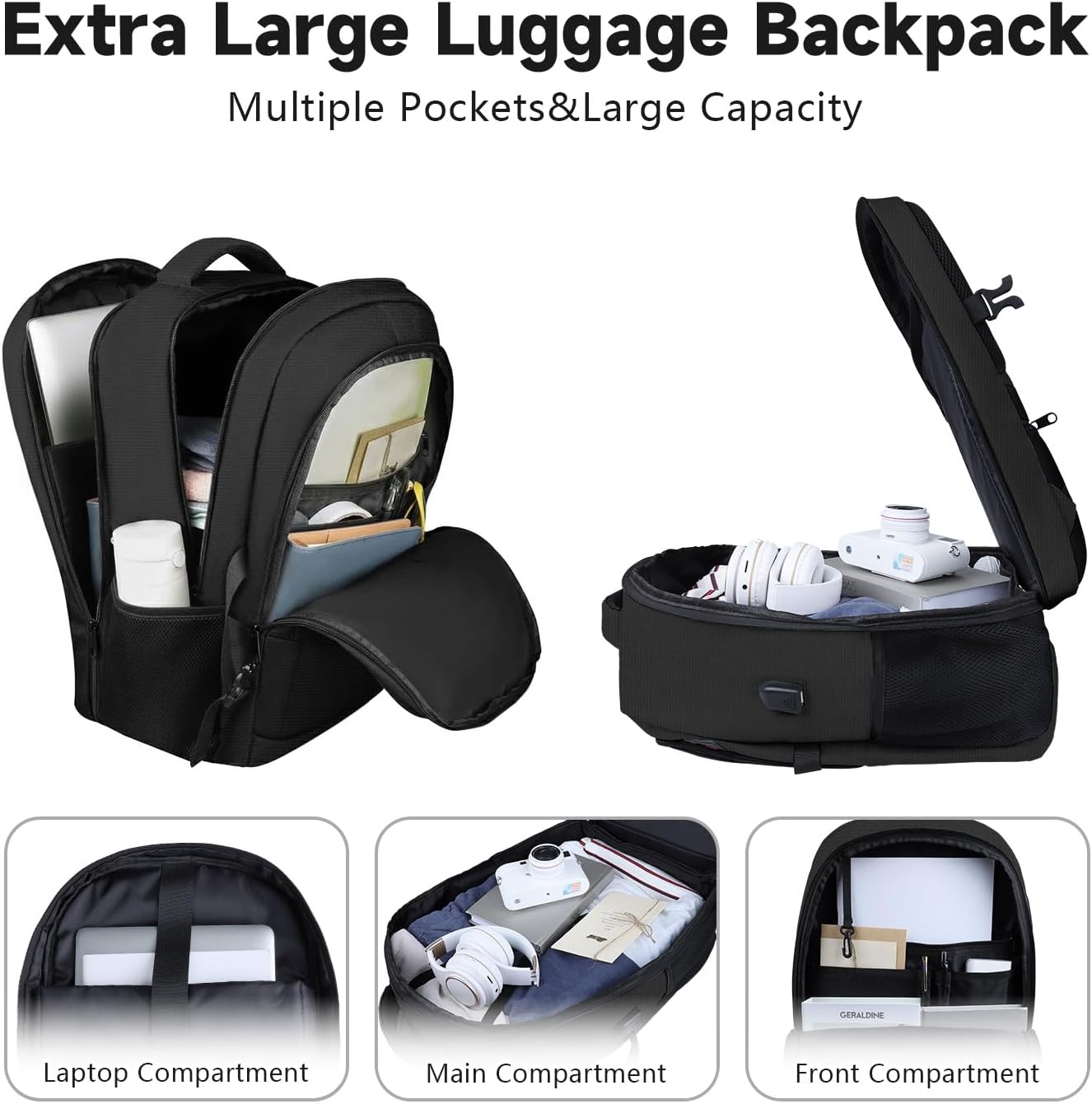 Travel Backpack, Large Carry on Backpack, 17 Inch Laptop Bag, Big Sturdy TSA-Friendly with USB Port College School Rucksack Bag, Gifts for Him Men Women, Black - Image 4